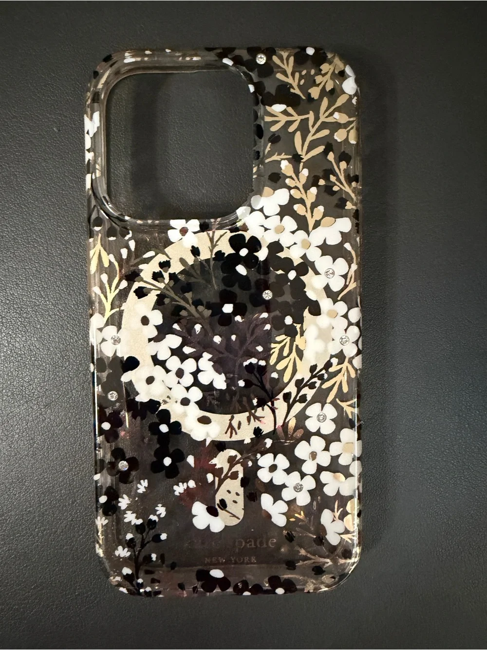 iPhone 15 Pro, kate spade, MagSafe, Black, White & Gold Floral Clear iPhone Case